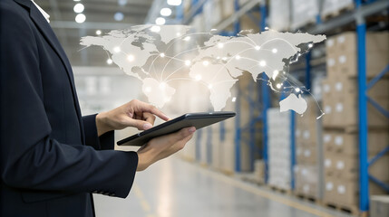 Businessman using tablet with global logistics network overlay in modern warehouse