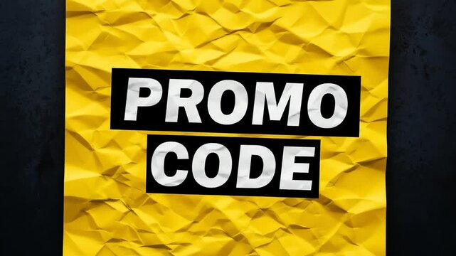 Animated promo code sequence on crumpled yellow paper against dark background, symbolizing urgency, deals, and limited-time offers