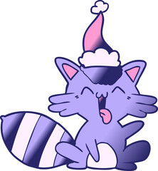 cute hand drawn gradient cartoon of a raccoon wearing santa hat in bright neon color