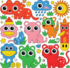 Fototapeta premium Cute cartoon monsters sun cloud rain grass stars character