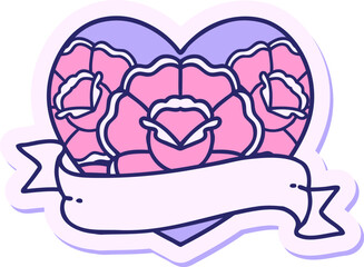 sticker of tattoo in traditional style of a heart and banner with flowers in bright neon color