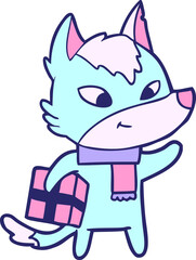 friendly cartoon christmas wolf in bright neon color