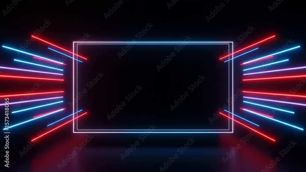 Poster neon square glows vibrantly against a dark background red and blue light streaks outward creating a 