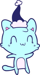 hand drawn line drawing of a happy cat wearing santa hat in bright neon color