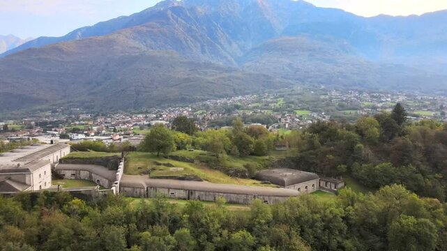 Aerial landscape World War I architecture by Colico Lake Como Italian Alps mountains Lombardy