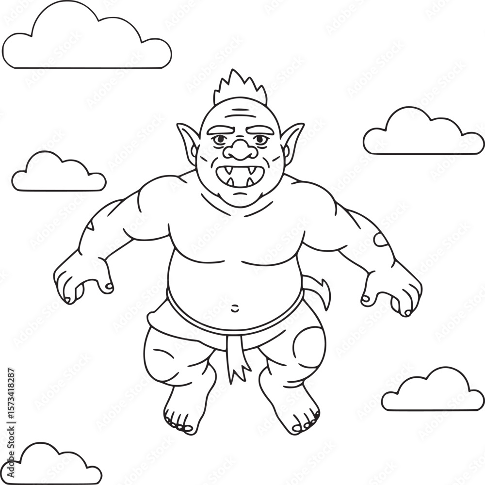 Poster outlined cartoon ogre with a mohawk and loincloth floating among several simple cloud shapes on tran