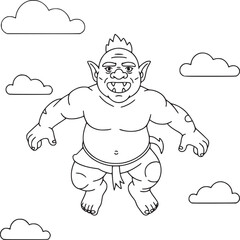 Outlined cartoon ogre with a mohawk and loincloth floating among several simple cloud shapes on transparent background
