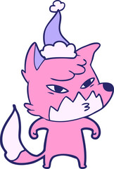 clever hand drawn line drawing of a fox wearing santa hat in bright neon color