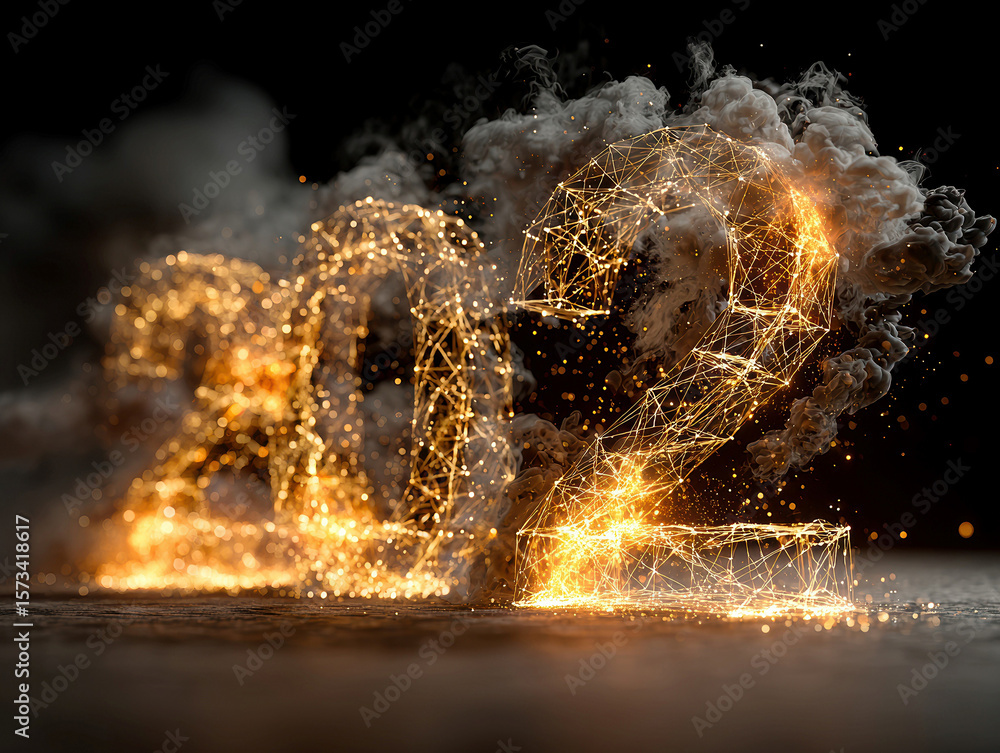 Poster a dynamic, 3d golden number 202 built from wireframes and smoke, with energy and sparks the number i
