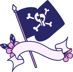 traditional tattoo with banner of pirate flag in bright neon color
