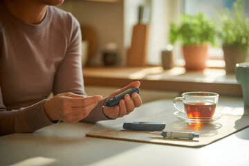 Woman checking blood sugar level with glucometer at home
