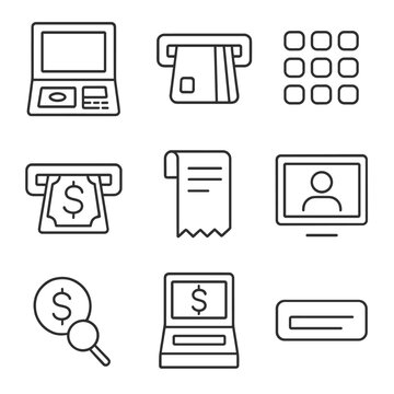 ATM Icons Set. Outline style icons of ATM Payment: ATM machine, card insert slot, PIN entry pad, cash withdrawal icon, transaction