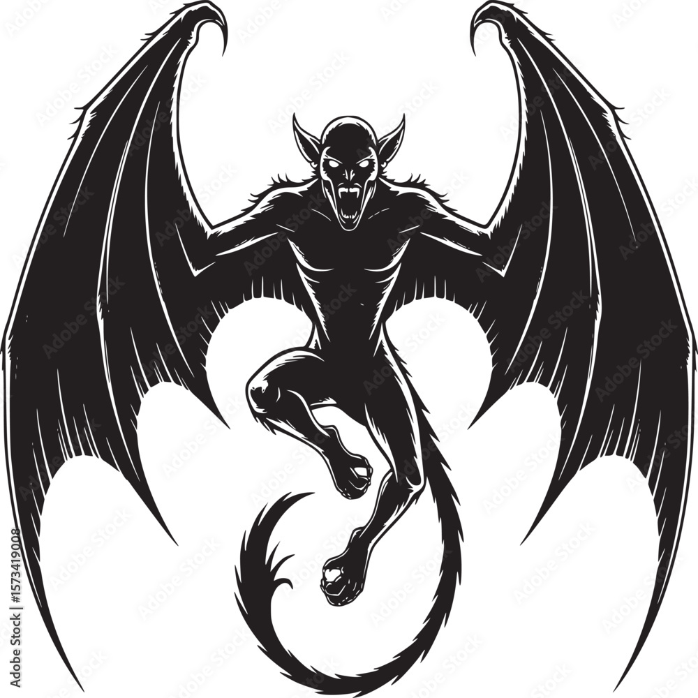 Poster a monochrome illustration of a winged gargoyle with a tail in a dynamic pose with sharp features on 
