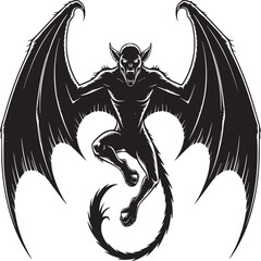 A monochrome illustration of a winged gargoyle with a tail in a dynamic pose with sharp features on transparent background