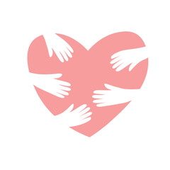Abstract heart symbol on the background of different silhouettes of hands. Vector graphics.