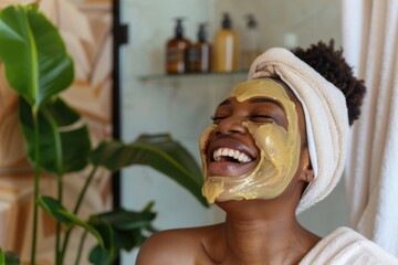 Happy black woman applying turmeric face mask and laughing in bathroom