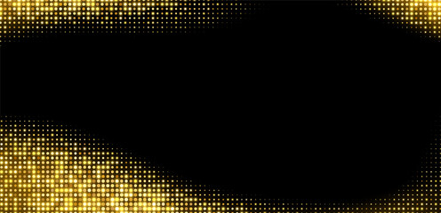 Golden halftone background, abstract glittering dots backdrop, disco texture design, shiny confetti banner. Vector illustration.