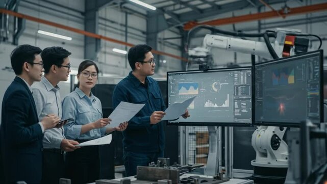 Engineers analyzing robotic arm data for manufacturing automation and industrial production optimization