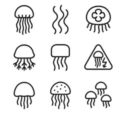 Jellyfish Outline Icons. Outline style icons of Jellyfish and Soft-bodied Creatures: drifting jellyfish, tentacle motion, moon