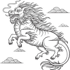 Illustration of a mythical kirin creature prancing amidst stylized clouds in black and white line art on transparent background
