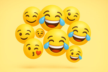Group of diverse emoji with laughing crying faces and winking kiss heart symbols on light yellow background celebrating emoji day fun and love