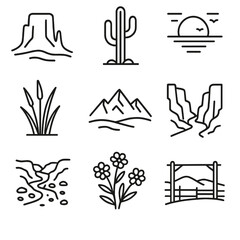 Western Nature Icons. Outline style icons of Western Nature: mesa silhouette, desert cactus, sunset horizon, prairie grass,