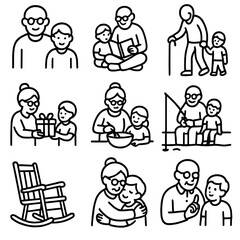 Naklejka premium Grandparent Icon Collection. Outline style icons of Grandparent Relationships: grandparent and child, storytelling session,