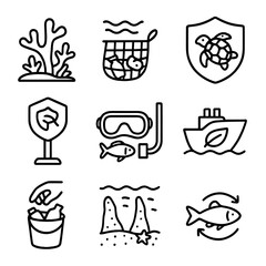 Marine Conservation Icons. Outline style icons of Marine Conservation: coral reef, ocean clean-up net, protected species icon,
