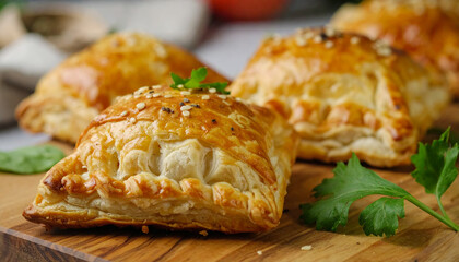 Puff pastry pies with savory ingredients and fresh herbs on wooden board. Tasty homemade food.