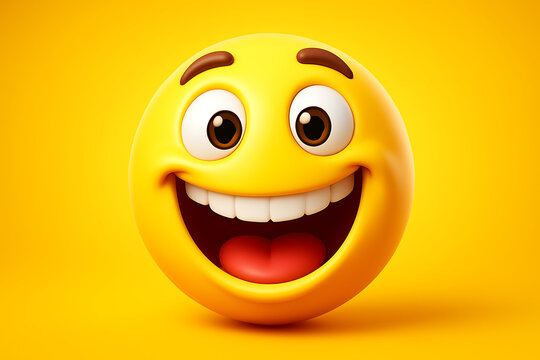 Single large happy emoji face with big eyes and wide smile on yellow background for emoji day fun cartoon expressive and positive character illustrations