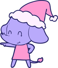 cute hand drawn line drawing of a elephant wearing santa hat in bright neon color