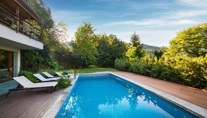 serene outdoor pool surrounded by lush greenery in a sunny landscape
