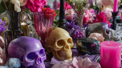 Colorful skulls and floral Halloween table decor