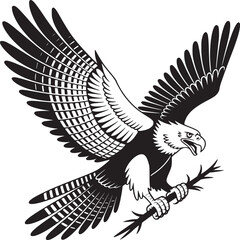 Fototapeta premium A black and white illustration of an eagle with its wings spread holding a branch in its talons on transparent background