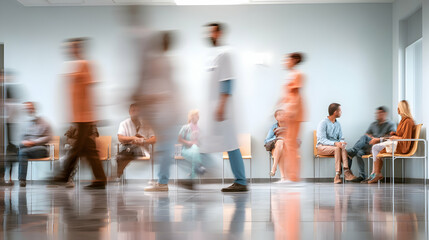 Busy hospital waiting area with patients and blurred medical staff   -