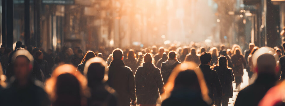 Busy crowd walking along city street in warm autumn sunlight   -
