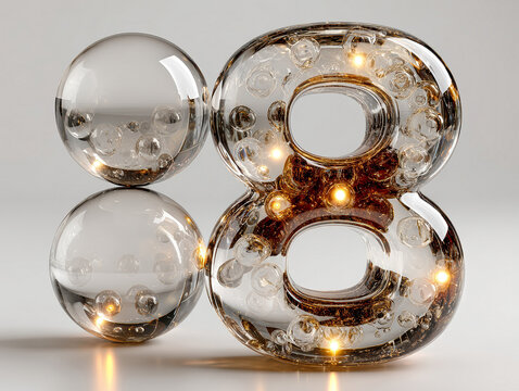 A minimalist composition featuring a 3D glass sphere number 8, illuminated from within, arranged on a reflective surface against a white background The spheres exhibit variations in si - AI-Generated