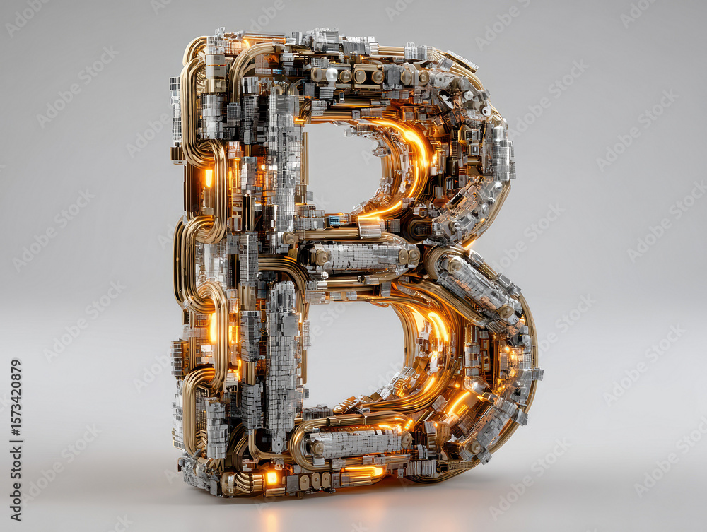 Poster 3d glowing letter b constructed from interconnected cubes and chains, representing blockchain techno