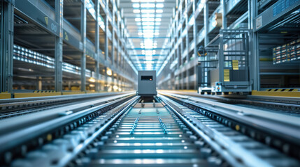 Modern automated warehouse with orange robotic arms and conveyor belt systems handling packages. Smart industrial automation, AI logistics technology, robotics for supply chain management and distribu