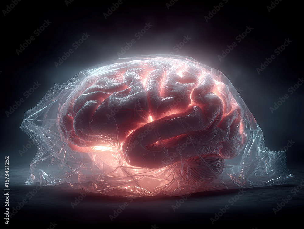 Poster close-up 3d image of a colored human brain, presented like a product in a store theme of attention e