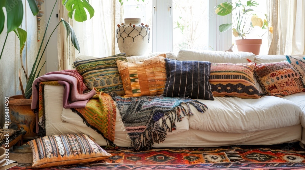 Poster a bohemianinspired den filled with an assortment of printed throws and embroidered pillows adding a 