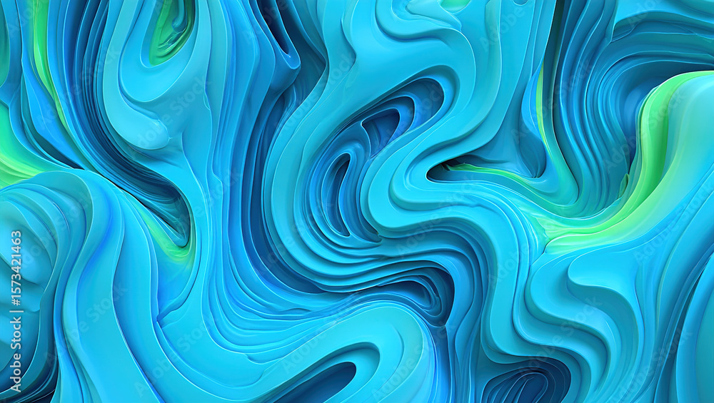 Poster blue 3d scene with abstract background consisting of intertwined, smooth lines and ribbons, abstract