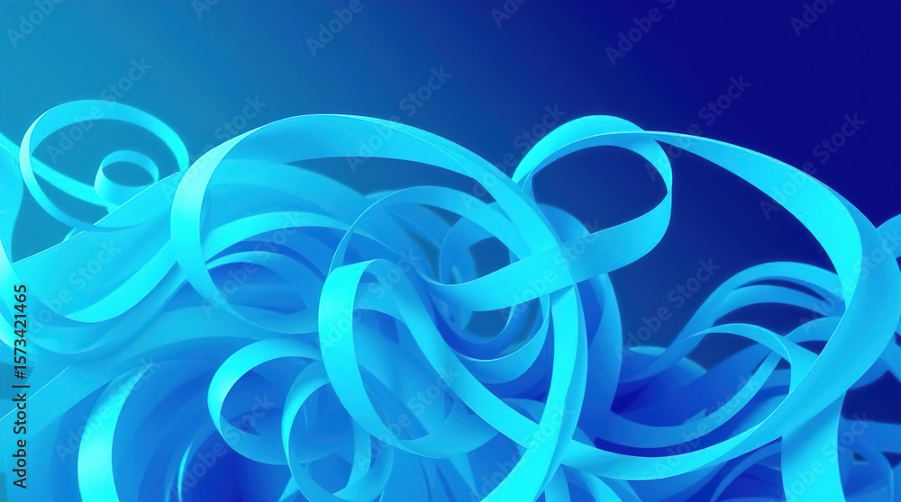 Poster blue 3d scene with abstract background consisting of intertwined, smooth lines and ribbons, abstract