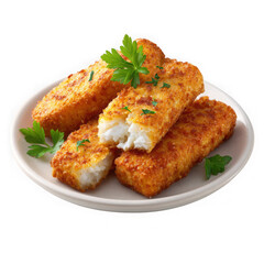 Crispy golden fish fingers with fresh parsley isolated on transparent background