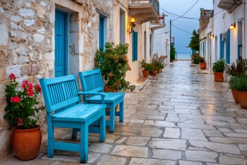 Two blue benches inviting visitors to relax in picturesque greek alley