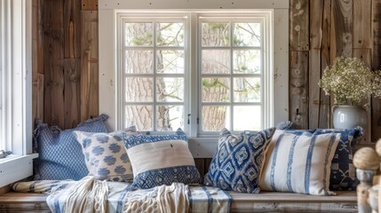 A charming window seat escape with a rustic wood backdrop adorned in muted shades of blue and adorned with throw pillows.