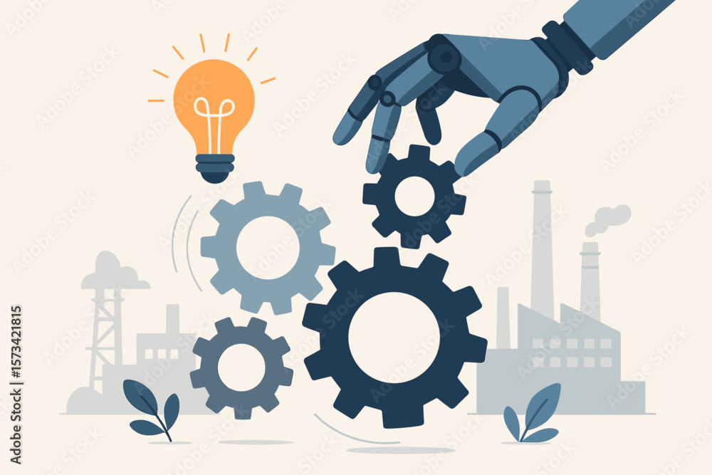Poster robot hand assembling gears for industrial automation. technology and innovation in manufacturing. f