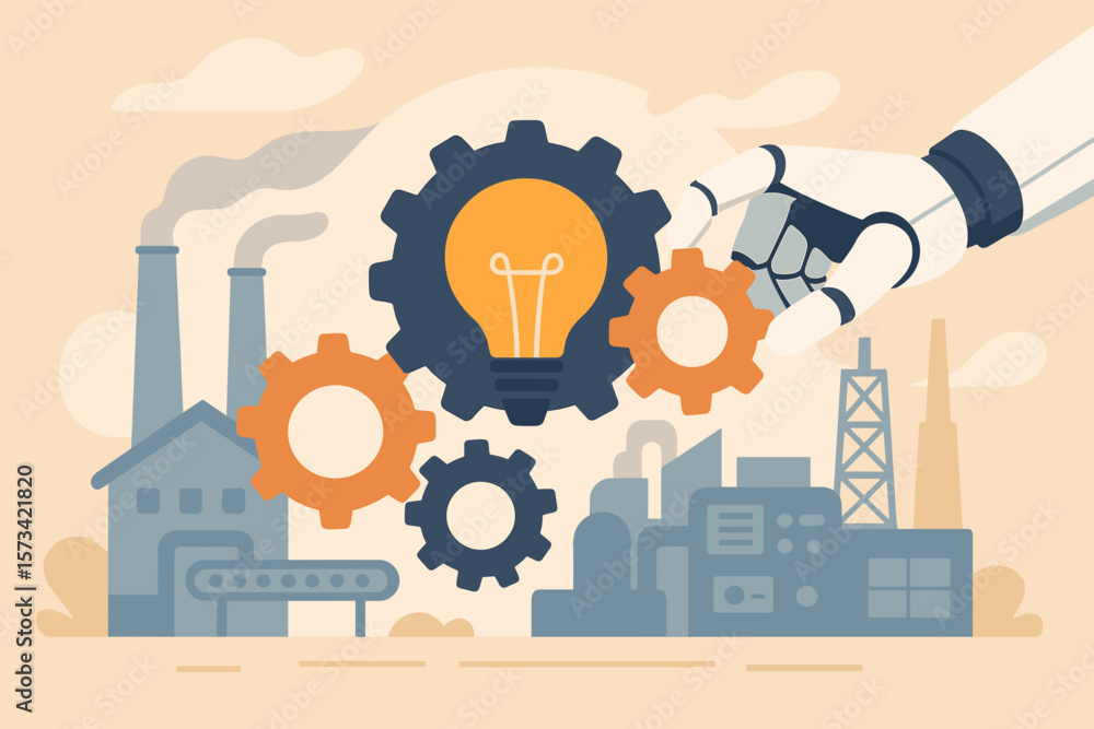 Poster industrial automation concept. robot hand holds cogwheel. factory production process. technology dev