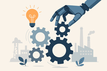 Robot hand assembling gears for industrial automation. Technology and innovation in manufacturing. Factory production process development. AI assistance in engineering metaphor.