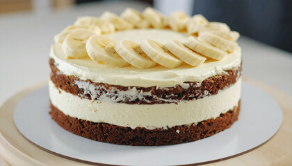 Rich creamy cake with banana and buttercream. Tasty sweet food. Delicious dessert. Cooking concept.